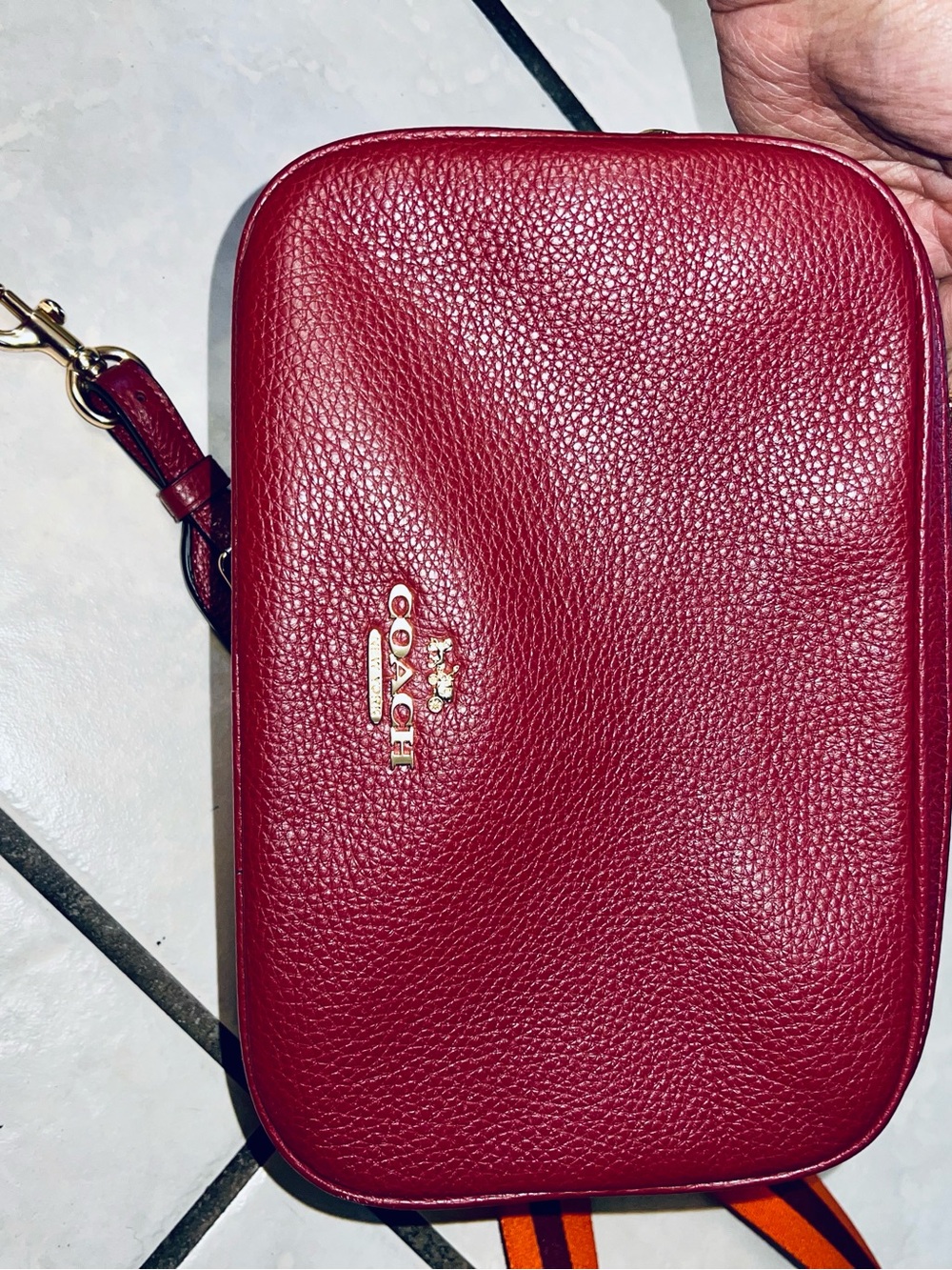 Coach Pebbled Leather Crossbody Bag in dark red with Striped crossbody Strap - Picture 2 of 10